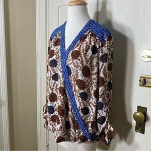 Daniel Rainn Floral Mixed Print Faux Wrap Bohemian Long Sleeve V Neck Top L
